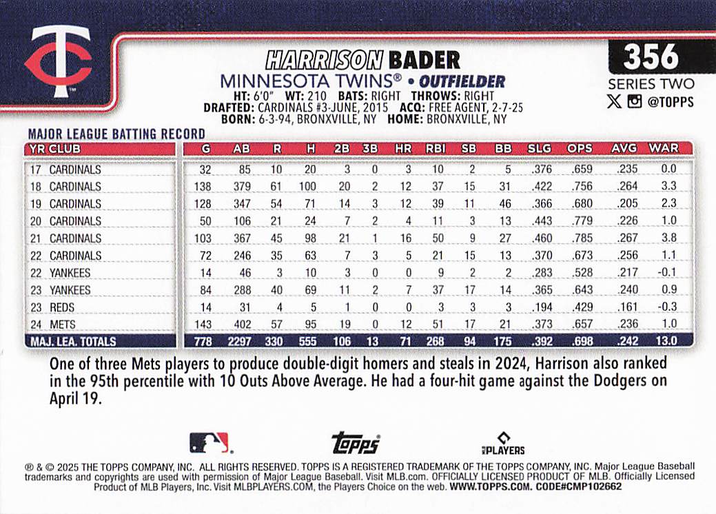 2025 Topps Baseball Harrison Bader #356