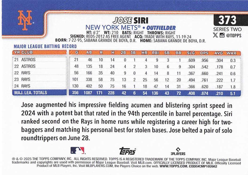 2025 Topps Baseball Jose Siri #373