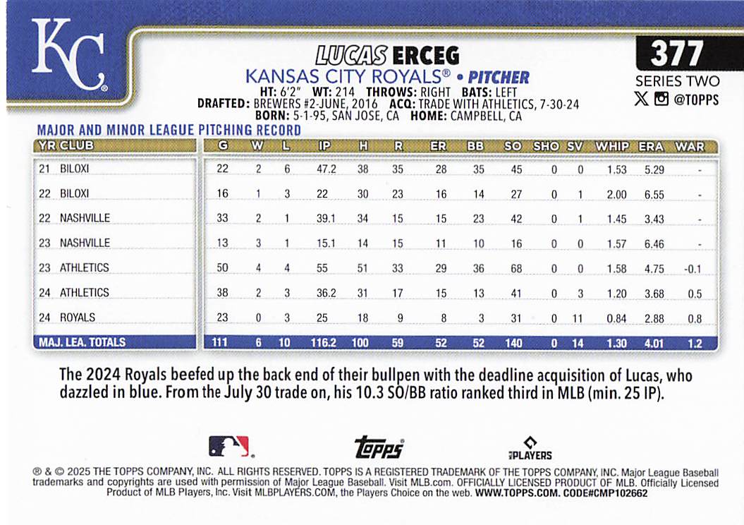 2025 Topps Baseball Lucas Erceg #377