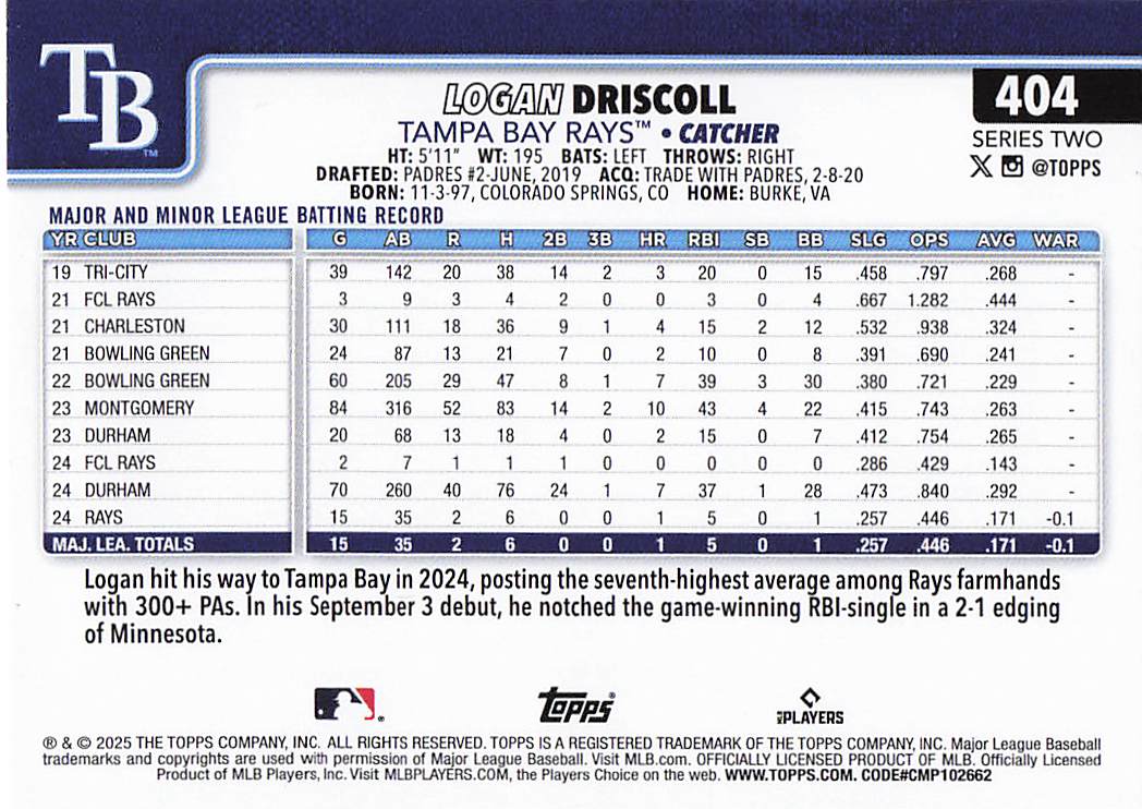 2025 Topps Baseball Logan Driscoll #404 Rookie