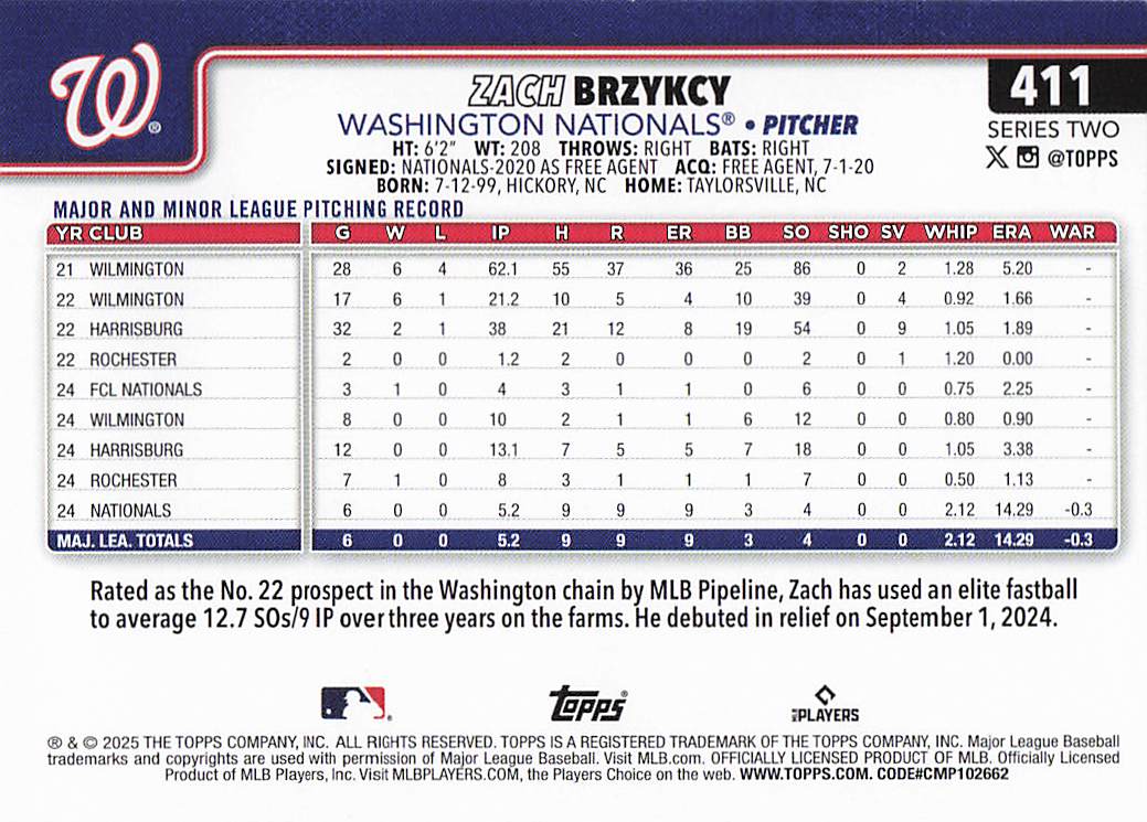 2025 Topps Baseball Zach Brzykcy #411 Rookie
