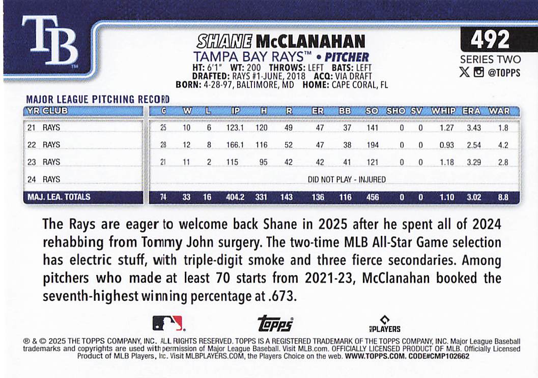 2025 Topps Baseball Shane McClanahan #492