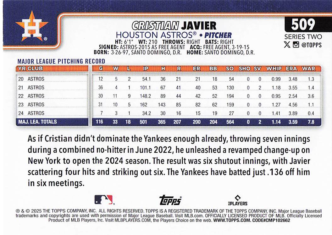 2025 Topps Baseball Cristian Javier #509