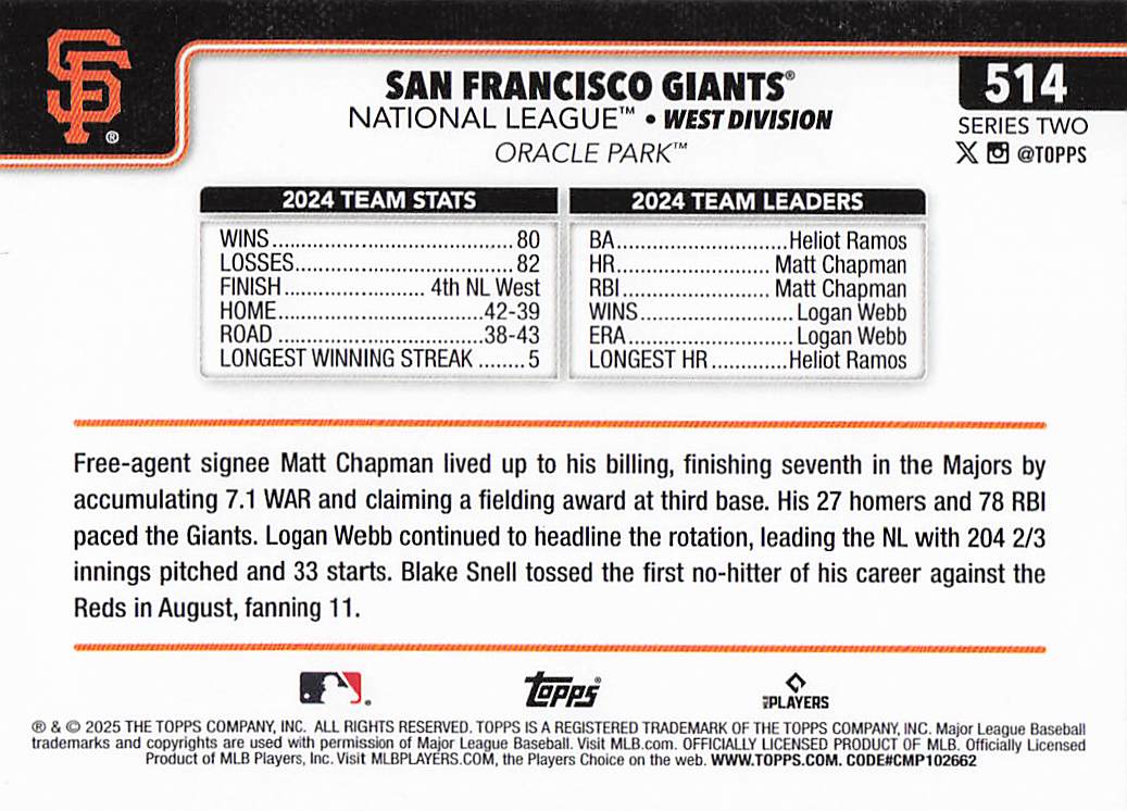 2025 Topps Baseball San Francisco Giants #514