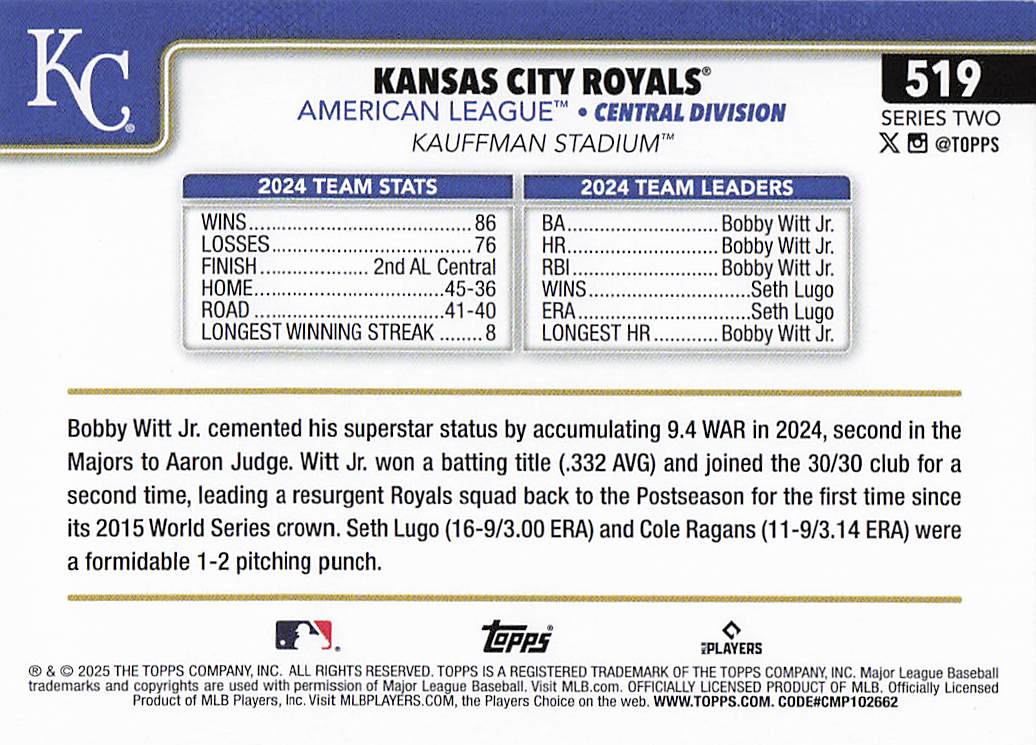 2025 Topps Baseball Kansas City Royals #519