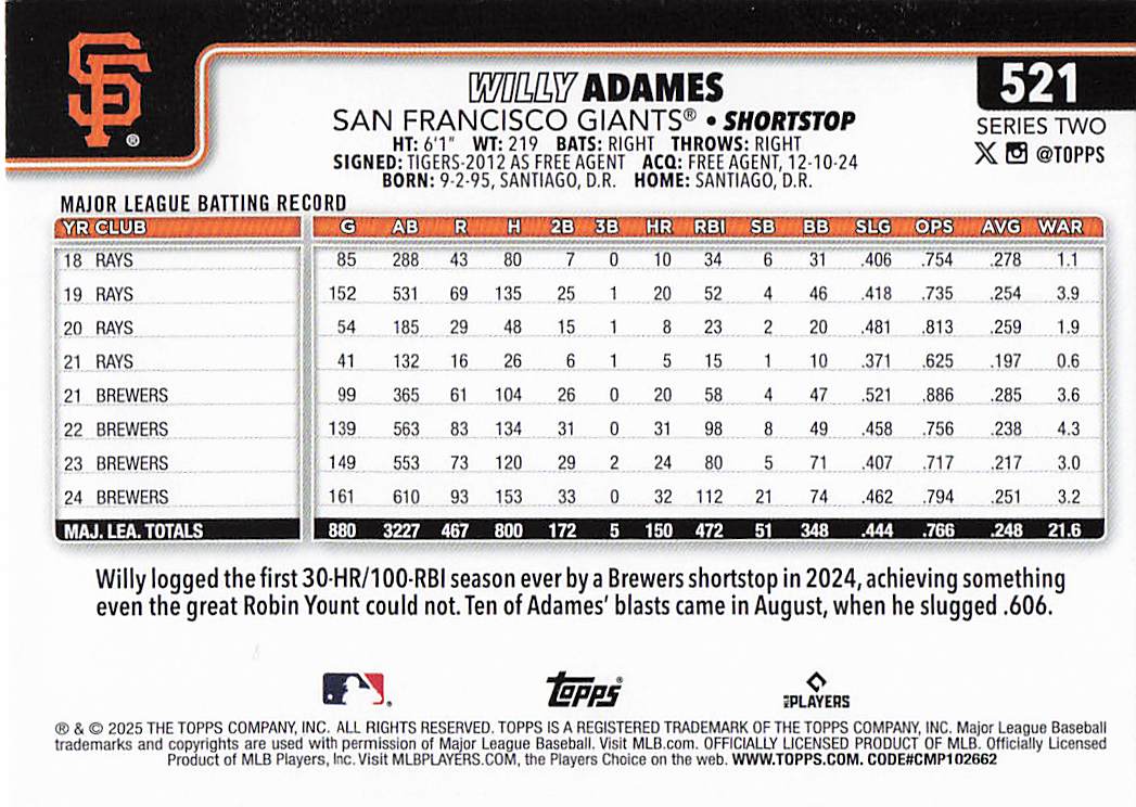 2025 Topps Baseball Willy Adames #521