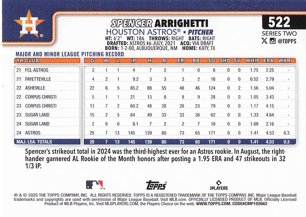 2025 Topps Baseball Spencer Arrighetti #522