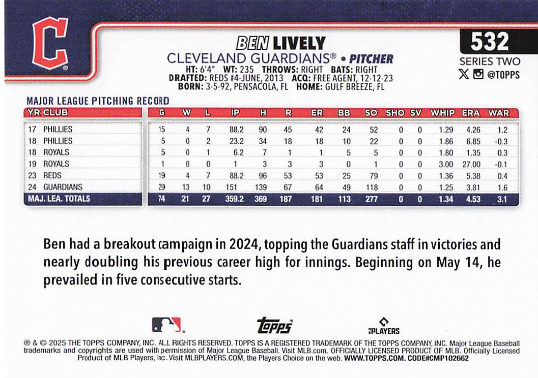 2025 Topps Baseball Ben Lively #532