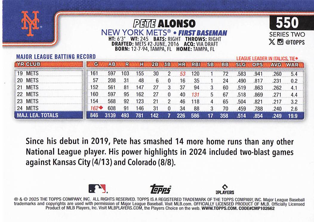 2025 Topps Baseball Pete Alonso #550