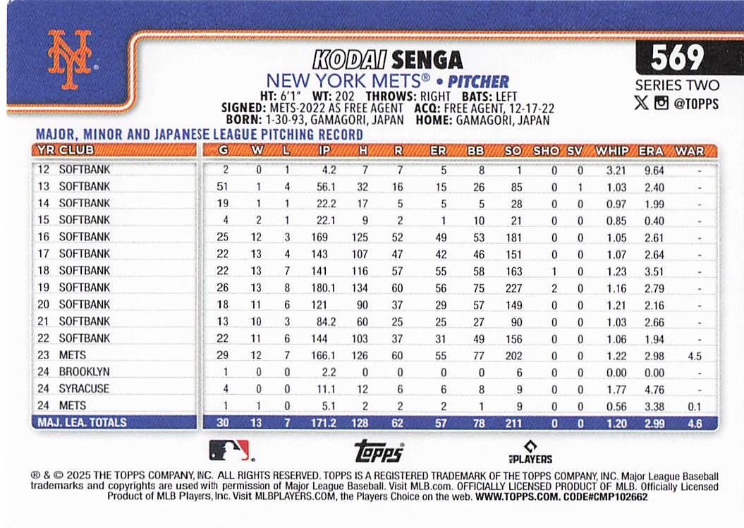 2025 Topps Baseball Kodai Senga #569