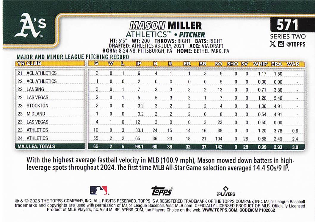 2025 Topps Baseball Mason Miller #571