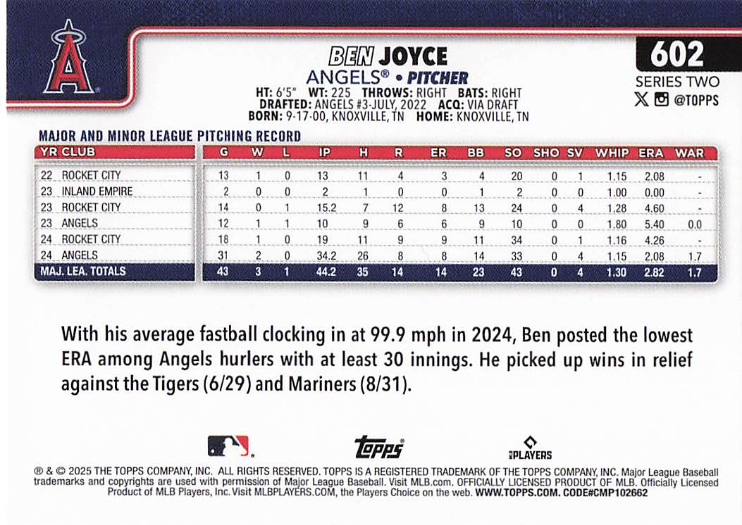 2025 Topps Baseball Ben Joyce #602