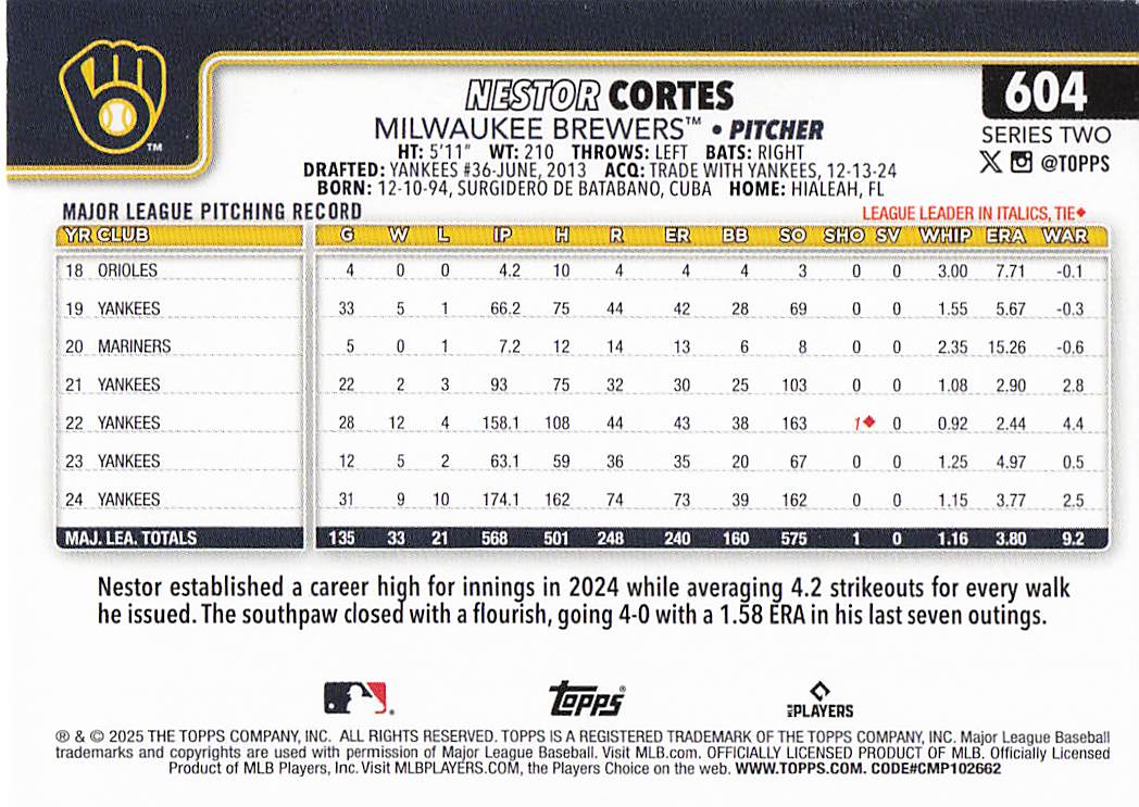 2025 Topps Baseball Nestor Cortes #604