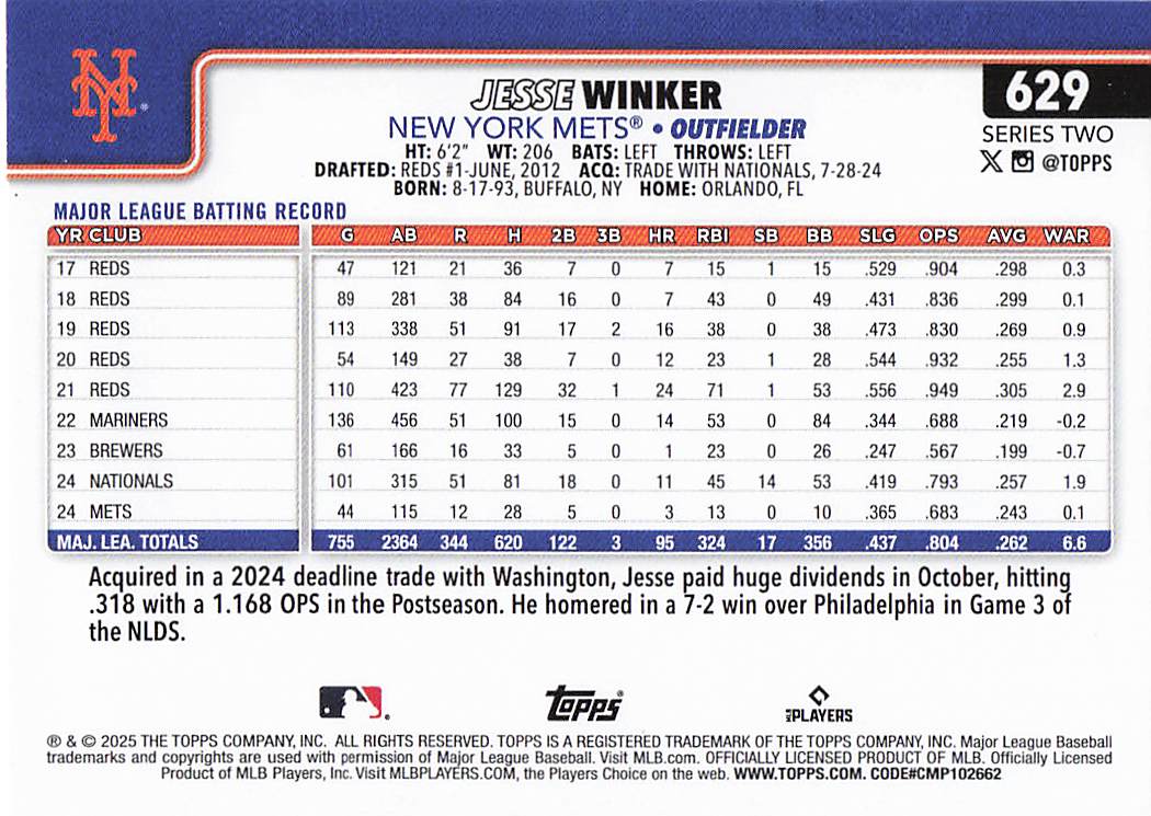 2025 Topps Baseball Jesse Winker #629