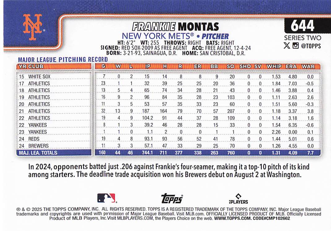 2025 Topps Baseball Frankie Montas #644