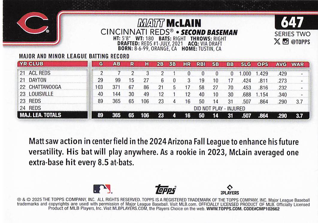 2025 Topps Baseball Matt McLain #647