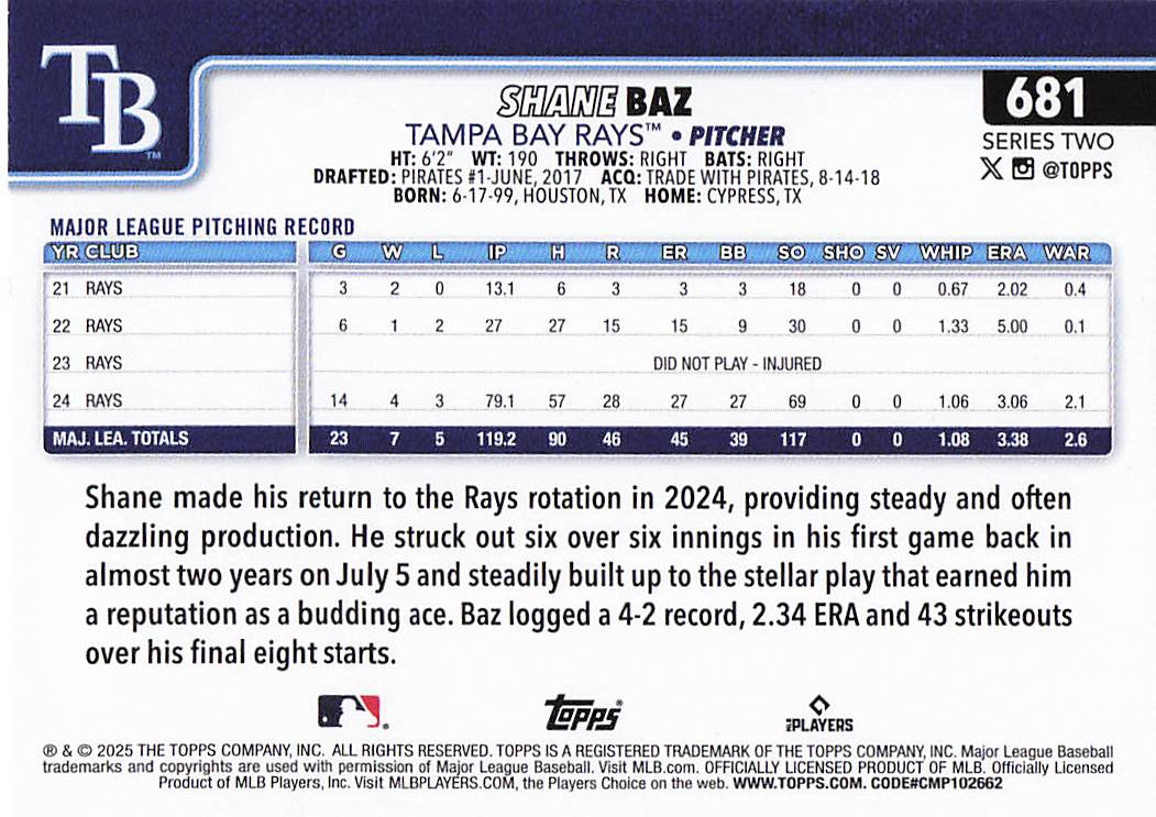 2025 Topps Baseball Shane Baz #681