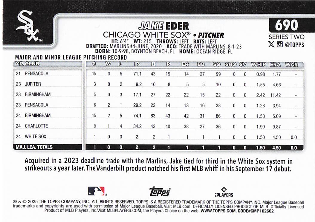 2025 Topps Baseball Jake Eder #690 Rookie