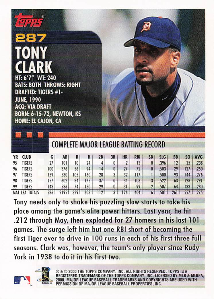 2000 Topps Baseball Tony Clark #287