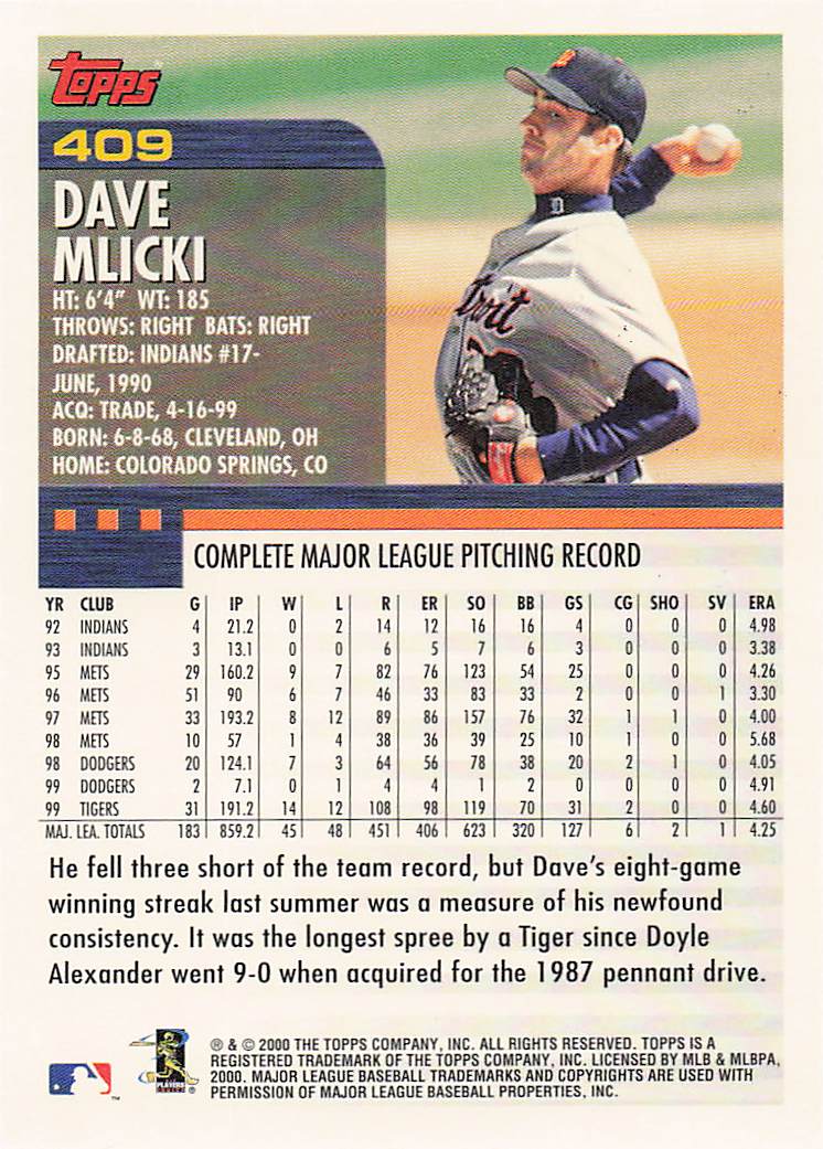 2000 Topps Baseball Dave Mlicki #409