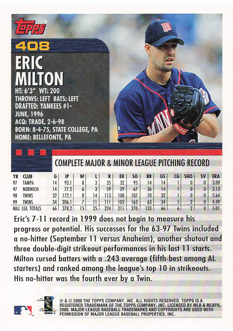 2000 Topps Baseball Eric Milton #408