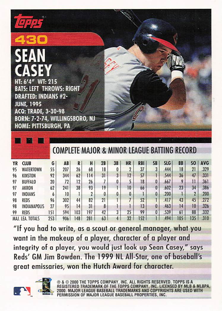 2000 Topps Baseball Sean Casey #430