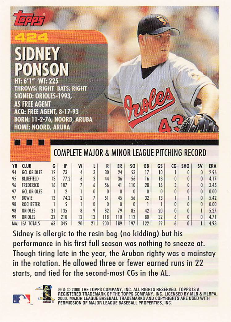 2000 Topps Baseball Sidney Ponson #424