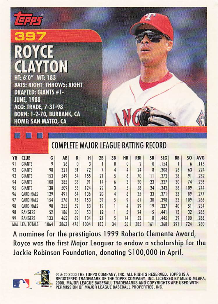 2000 Topps Baseball Royce Clayton #397