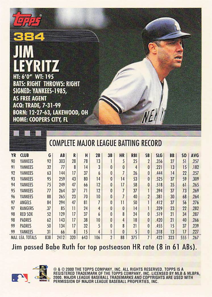 2000 Topps Baseball Jim Leyritz #384