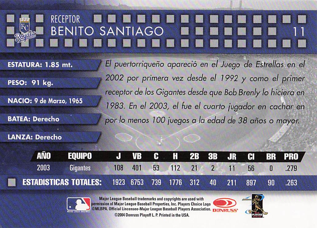 2004 Donruss Estrellas Baseball Benito Santiago #11