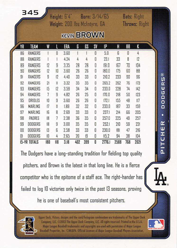 2002 Upper Deck Victory Baseball Gold Kevin Brown #345