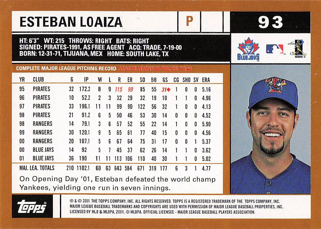 2002 Topps Baseball Esteban Loaiza #93