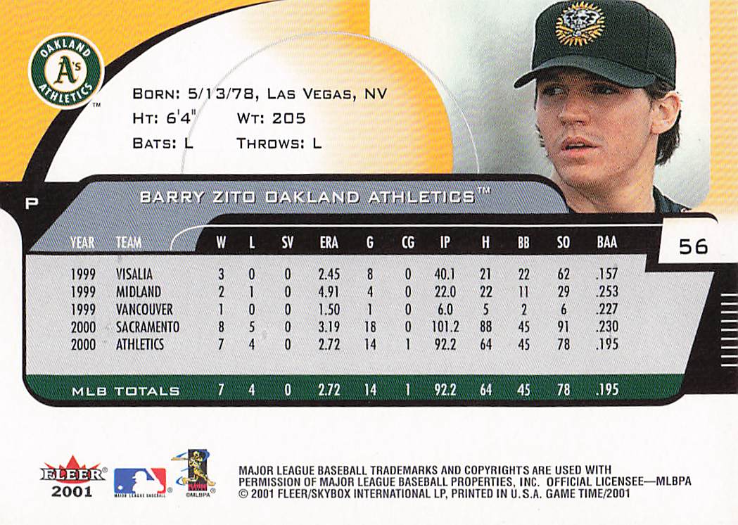 2001 Fleer Game Time Baseball Barry Zito #56