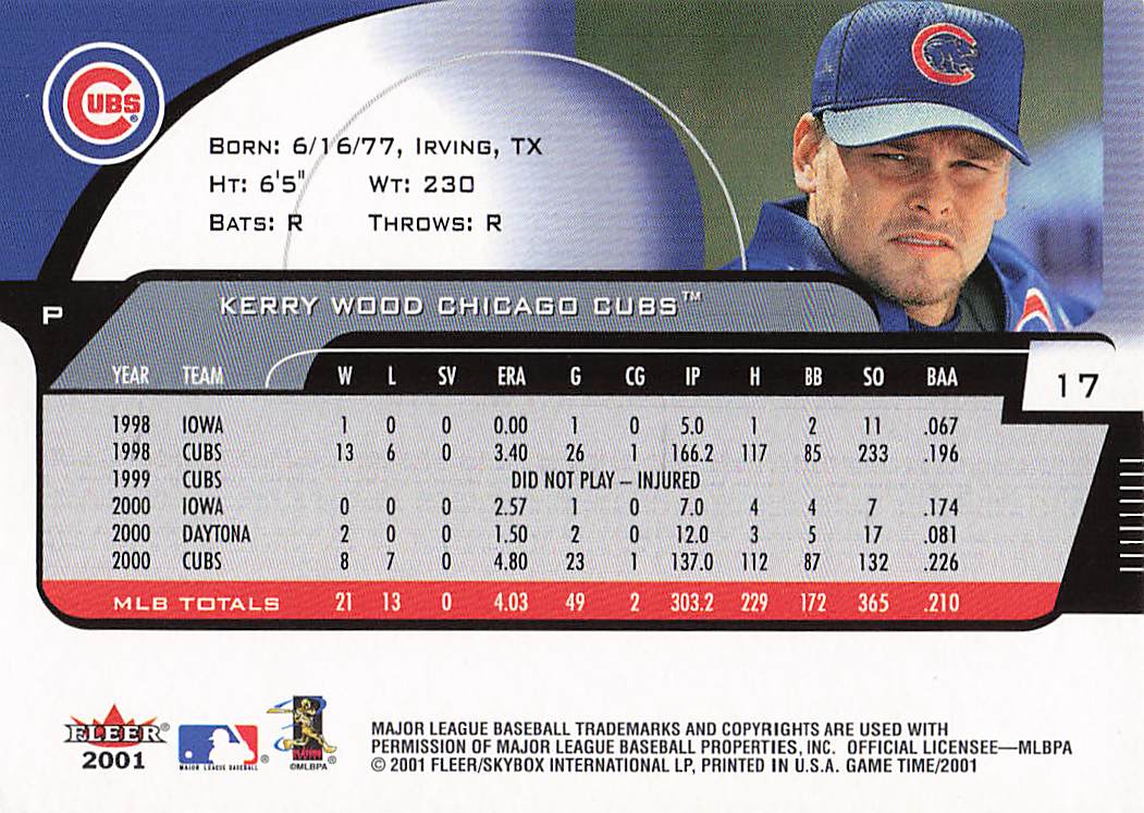 2001 Fleer Game Time Baseball Kerry Wood #17