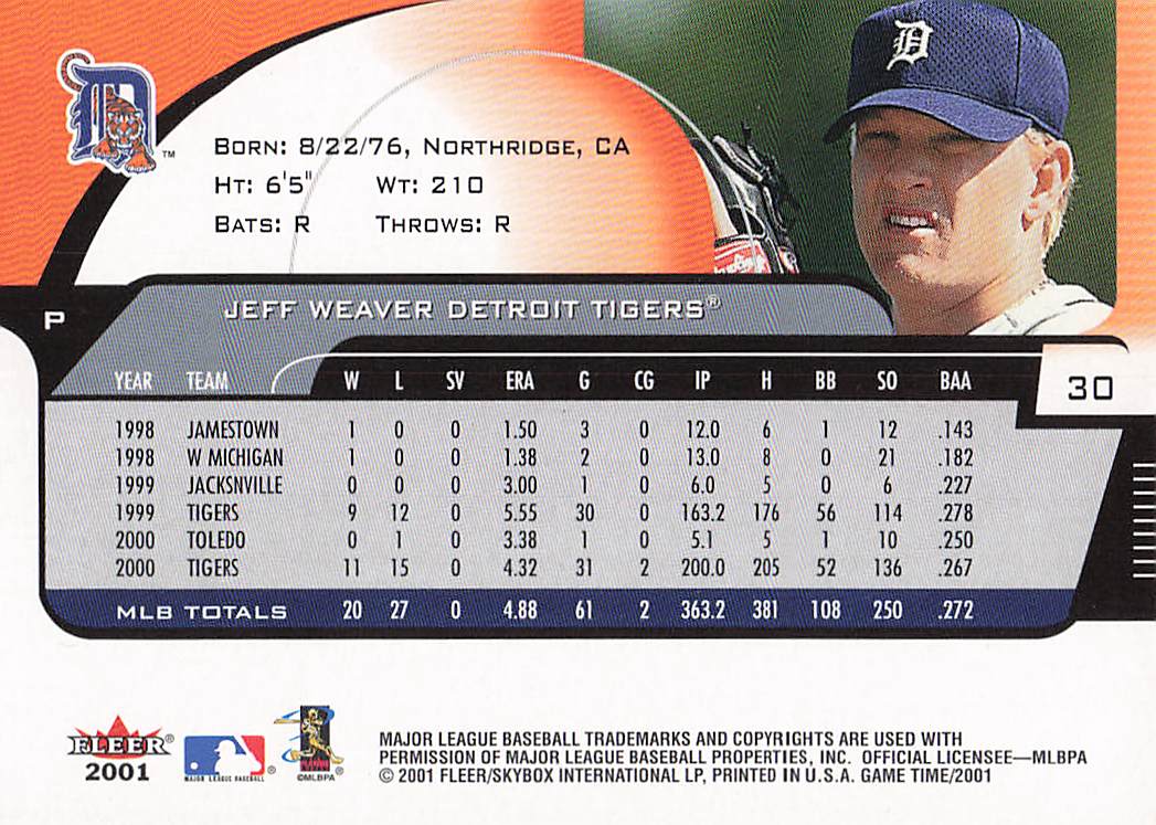 2001 Fleer Game Time Baseball Jeff Weaver #30