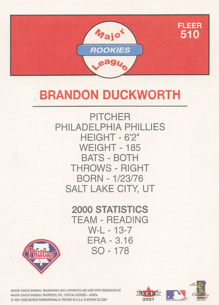 2001 Fleer Platinum Baseball Brandon Duckworth #510 Rookie