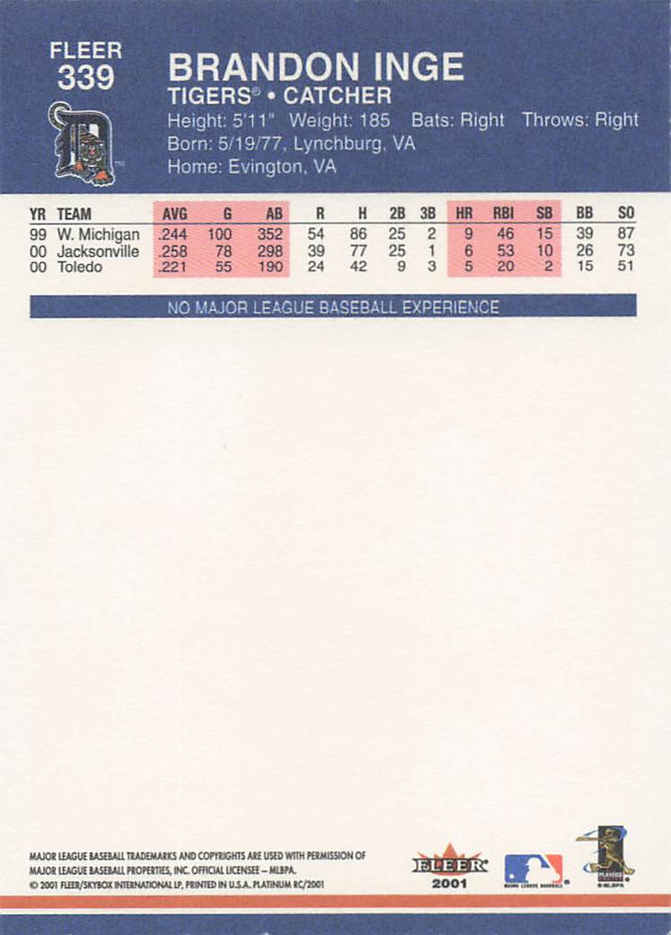 2001 Fleer Platinum Baseball Brandon Inge #339