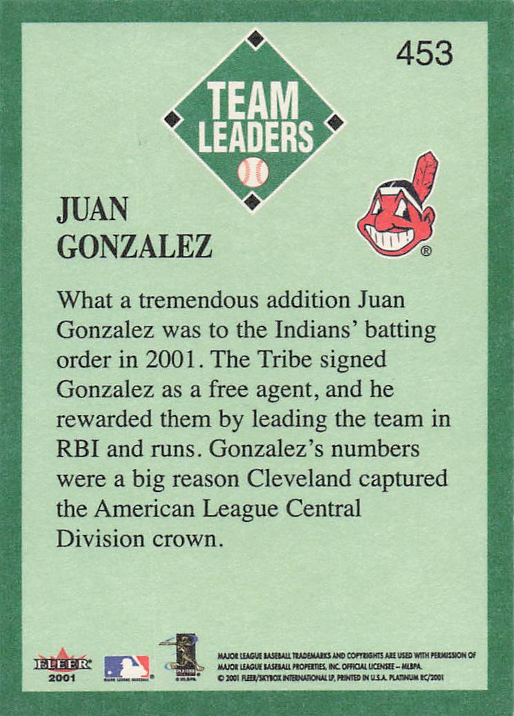 2001 Fleer Platinum Baseball Juan Gonzalez #453