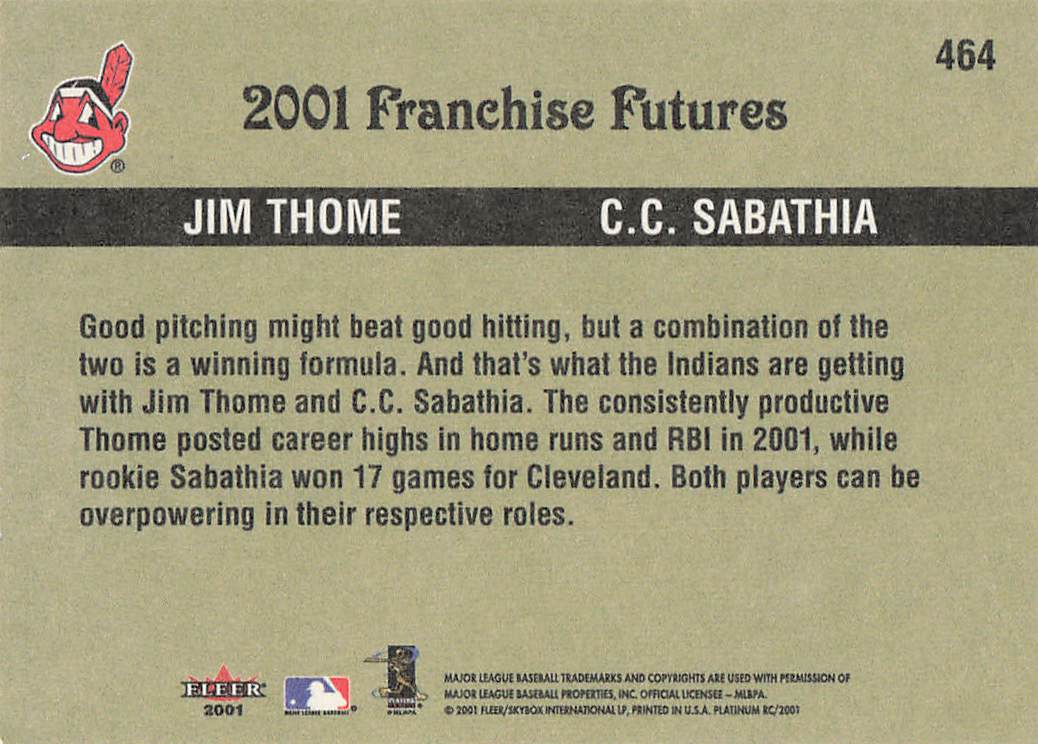 2001 Fleer Platinum Baseball Jim Thome / C.C. Sabathia FF #464