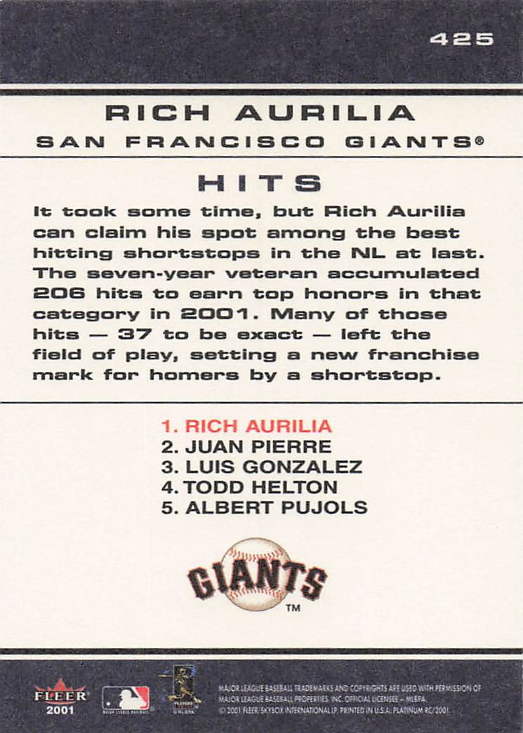 2001 Fleer Platinum Baseball Rich Aurilia #425