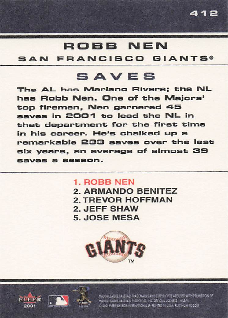 2001 Fleer Platinum Baseball Robb Nen #412