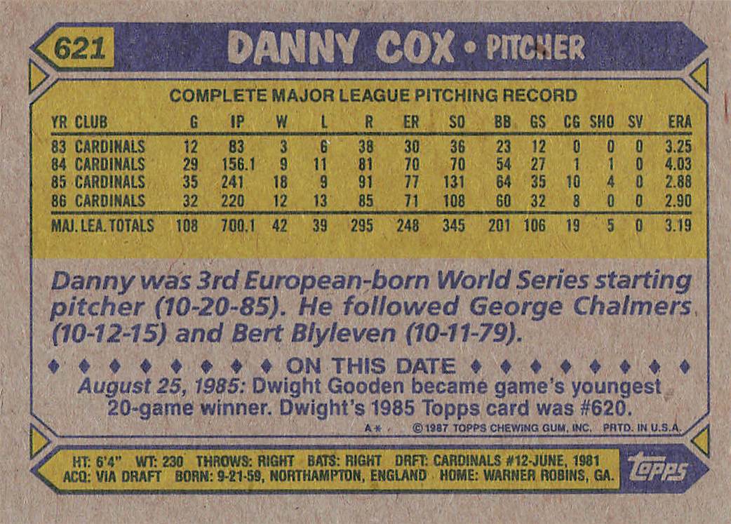1987 Topps Baseball Danny Cox #621