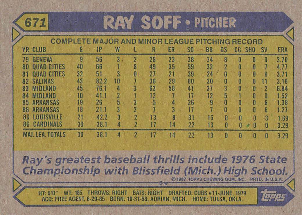 1987 Topps Baseball Ray Soff #671a Rookie