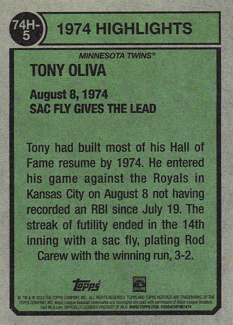 2023 Topps Heritage Baseball 1974 Highlights Tony Oliva #74H-5