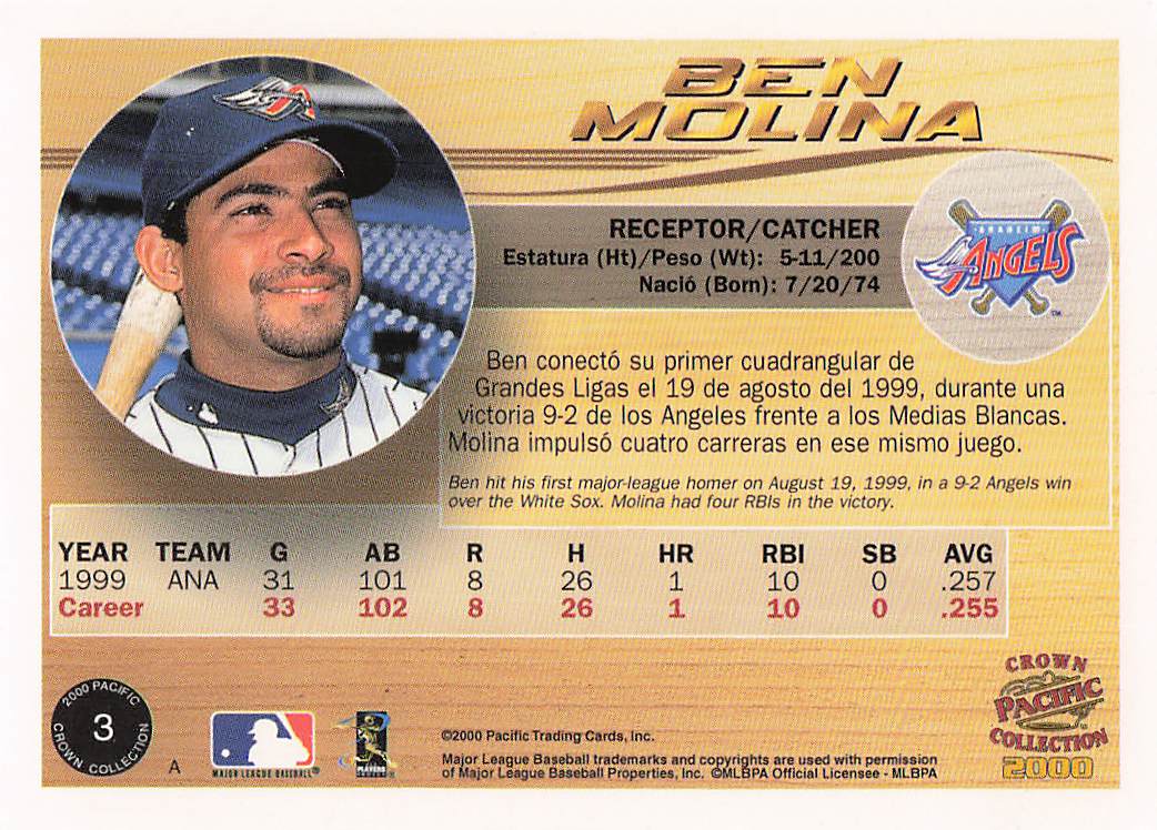2000 Pacific Crown Collection Baseball Platinum Blue Bengie Molina #3