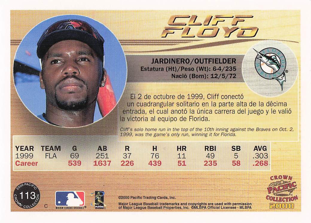 2000 Pacific Crown Collection Baseball Cliff Floyd #113