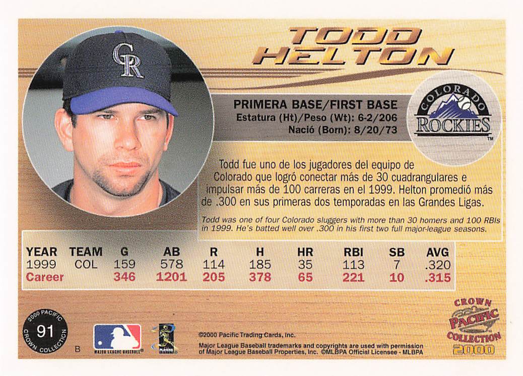 2000 Pacific Crown Collection Baseball Todd Helton #91