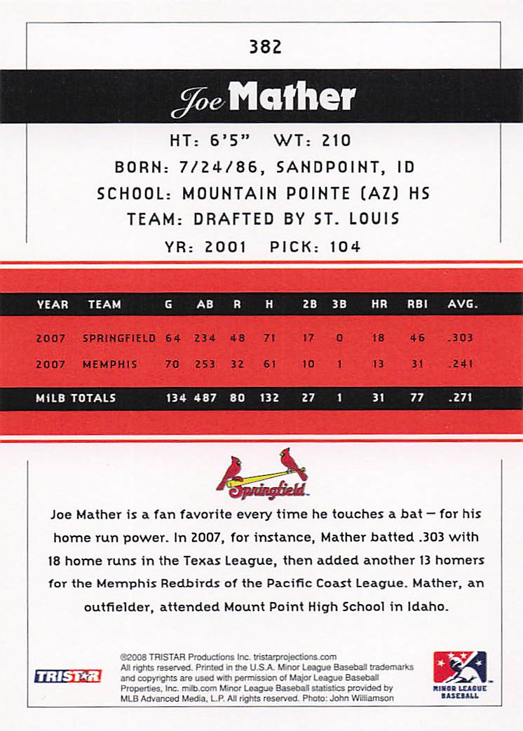 2008 TriStar PROjections Baseball Joe Mather #382