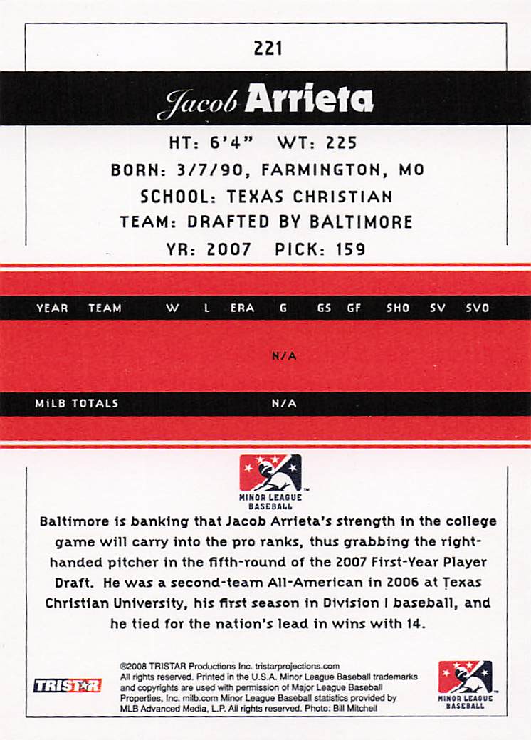 2008 TriStar PROjections Baseball Jake Arrieta #221