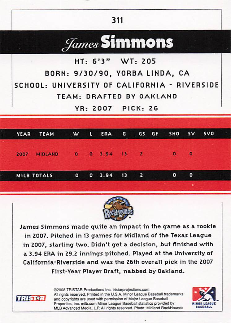 2008 TriStar PROjections Baseball James Simmons #311